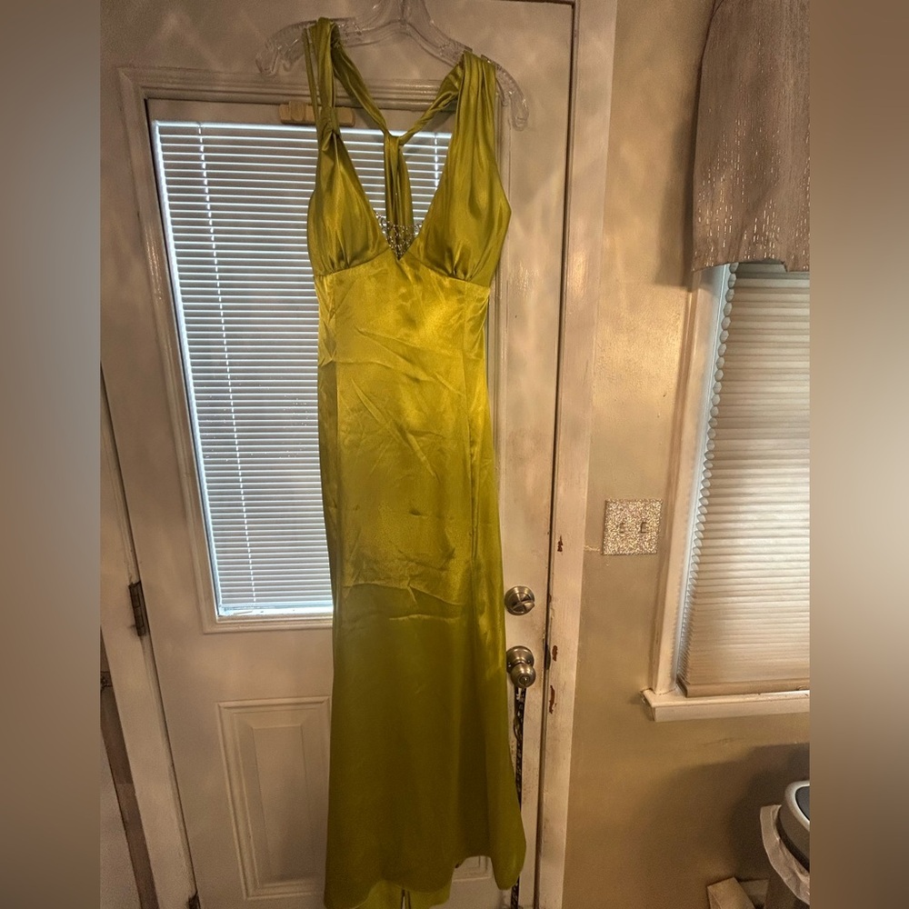 Satin V-Neck Lime Green Maxi Dress with Spaghetti Straps